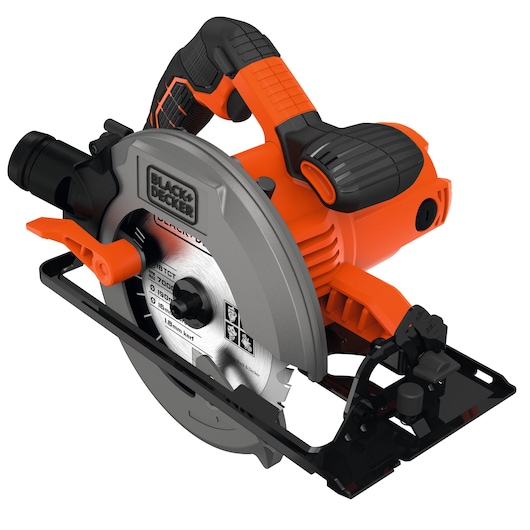 BLACK+DECKER circular saw with orange and black casing, visible blade, ergonomic handle, and adjustable base plate.