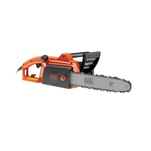 BLACK+DECKER electric chainsaw model CS1835 with an orange and black body, featuring a 35 cm (14 inch) metal blade and chain.