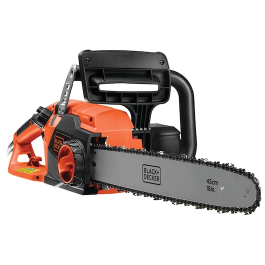 A BLACK+DECKER electric chainsaw with an 18-inch (45 cm) blade, shown in a close-up profile. The chainsaw is orange and black with a visible power cord and ergonomic handles.