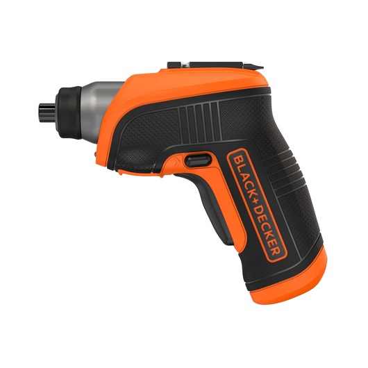 A BLACK+DECKER cordless electric screwdriver with an ergonomic black and orange design, shown from the side on a white background.