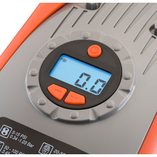 Close-up of the illuminated digital display of the BLACK+DECKER 160 PSI AC/DC Multi Purpose Air Station.