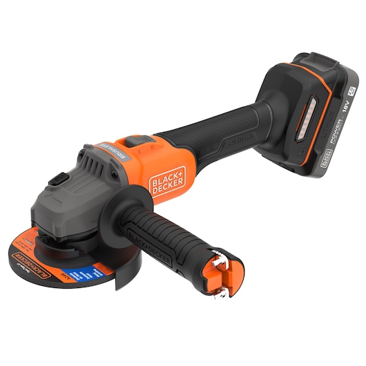 High-angled, front-side view of the BLACK+DECKER® 18V POWERCONNECT™ Brushless Angle Grinder.