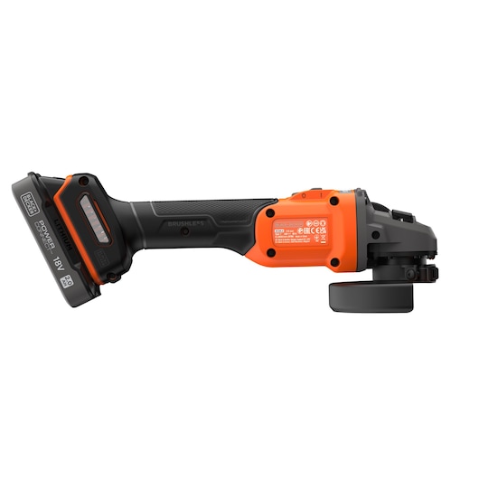 Side view of the BLACK+DECKER® 18V POWERCONNECT™ Brushless Angle Grinder without grinding disc, facing right.