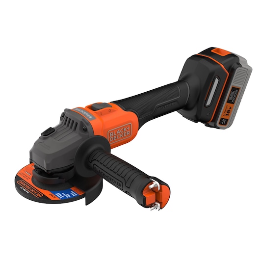 High-angled, front-side view of the BLACK+DECKER® 18V POWERCONNECT™ Brushless Angle Grinder.