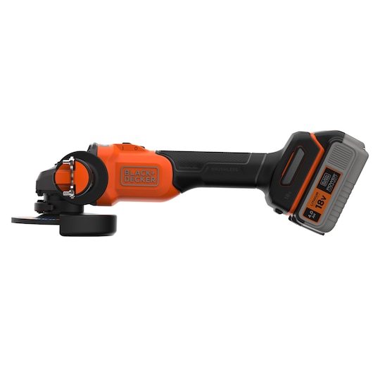Side view of the BLACK+DECKER® 18V POWERCONNECT™ Brushless Angle Grinder without grinding disc, facing left.