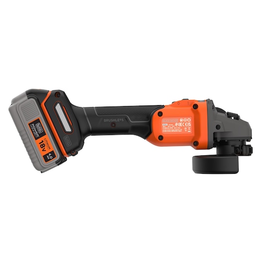 Side view of the BLACK+DECKER® 18V POWERCONNECT™ Brushless Angle Grinder without grinding disc, facing right.