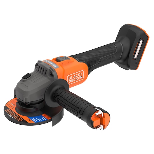 High-angled, front-side view of the BLACK+DECKER® 18V POWERCONNECT™ Brushless Angle Grinder.