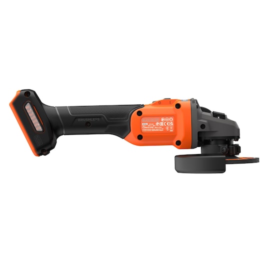 Side view of the BLACK+DECKER® 18V POWERCONNECT™ Brushless Angle Grinder, facing right.