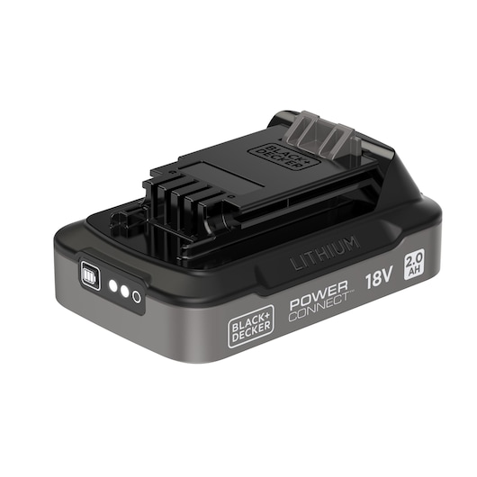 High-angled, rear-side view of the BLACK+DECKER® POWERCONNECT™ 18V 2.0 Ah State of Charge Li-ion Battery.
