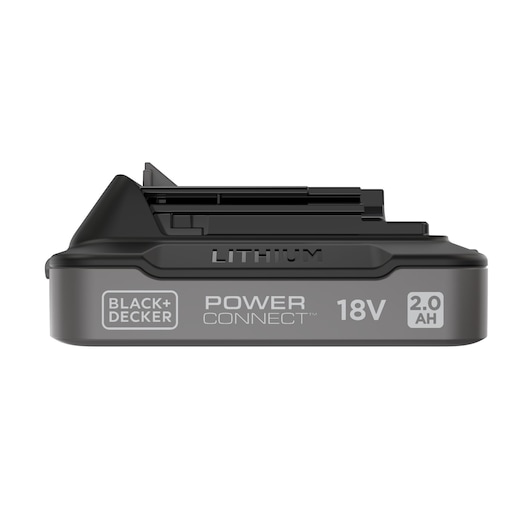 Side view of the BLACK+DECKER® POWERCONNECT™ 18V 2.0 Ah State of Charge Li-ion Battery, facing left.
