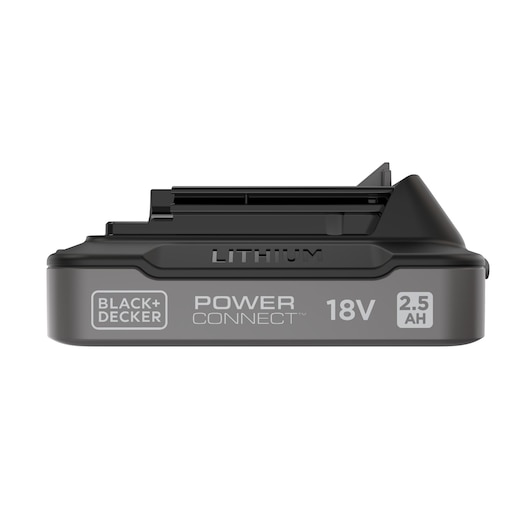 Side view of the BLACK+DECKER® POWERCONNECT™ 18V 2.5 Ah State of Charge Li-ion Battery, facing right.