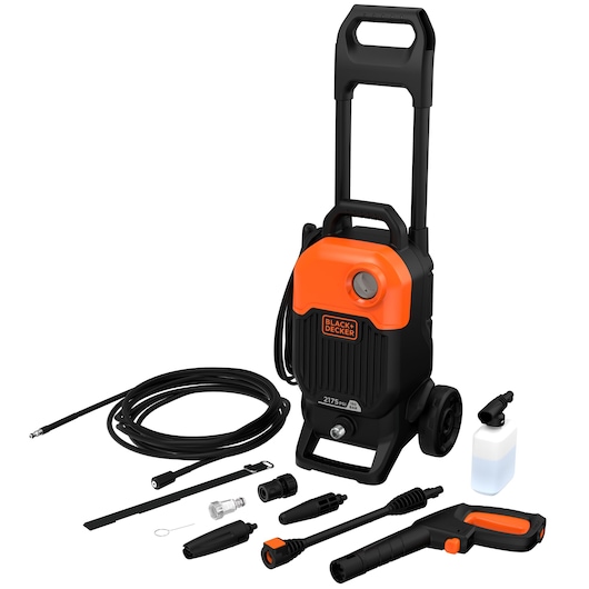 View of all accessories included with the BLACK+DECKER 2000W Corded Pressure Washer (150 Bar).