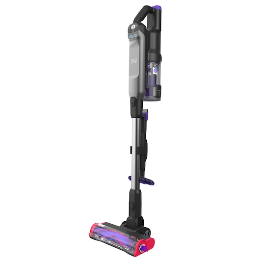Angled view of the on-pole accessory holder and connected attachments, attached to the BLACK+DECKER SUMMITSERIES select Pet cordless stick vacuum.