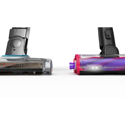 A standard vacuum floorhead next to the SUMMITSERIES's floorhead with edge-cleaning brushes and anti-tangle beater bar - BLACK+DECKER SUMMITSERIES select Pet cordless stick vacuum.