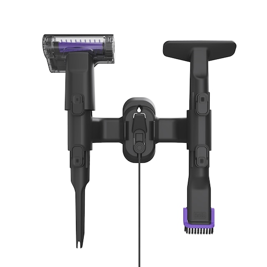 Front view of the wall mount with charger and four accessories attached - BLACK+DECKER SUMMITSERIES select Pet cordless stick vacuum.