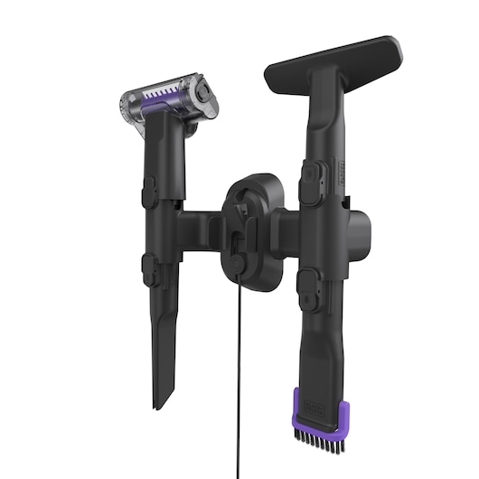 Angled view of the wall mount with charger and four accessories attached - BLACK+DECKER SUMMITSERIES select Pet cordless stick vacuum.