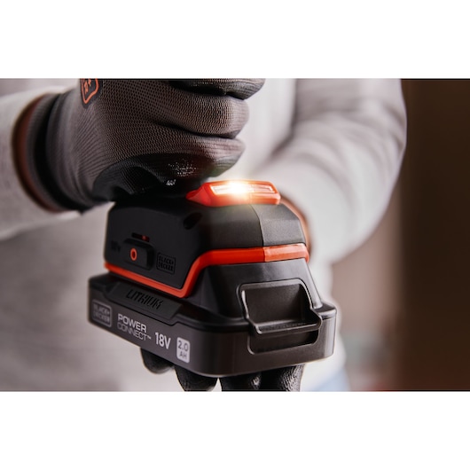 The in-built LED light of the BLACK+DECKER® 18V POWERCONNECT™ Brushless Drill Driver.