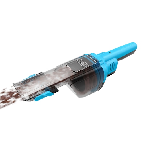 Horizontal action shot of BLACK+DECKER Dustbuster handheld vacuum cleaner.