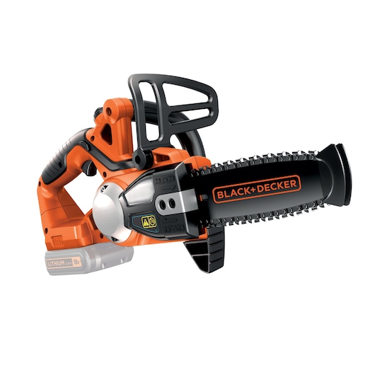BLACK+DECKER cordless chainsaw with orange and black design, featuring an 18V lithium battery and ergonomic handle.