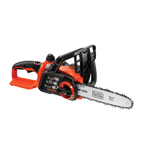 A BLACK+DECKER cordless chainsaw with a 25 cm (10 inch) blade, featuring an ergonomic handle, safety guard, and adjustment knob. The chainsaw has a black and orange design and is intended for cutting wood.