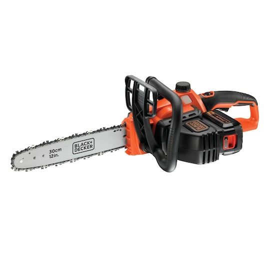 A BLACK+DECKER cordless chainsaw with an orange and black body, featuring a 30cm (12 inch) blade.