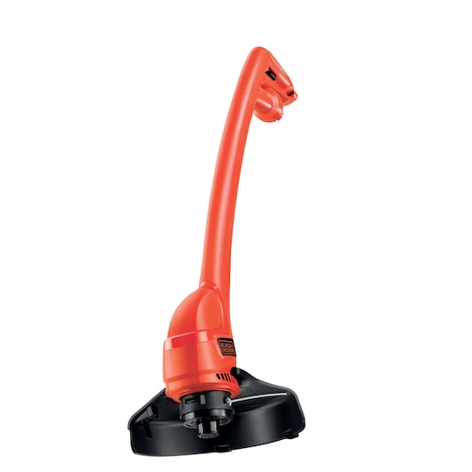 The image shows a BLACK+DECKER GL250 electric grass trimmer with a curved orange shaft and black trimming head, designed for garden maintenance.