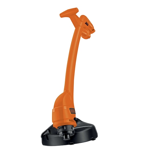 An orange and black electric grass trimmer with a curved handle, shown against a white background.