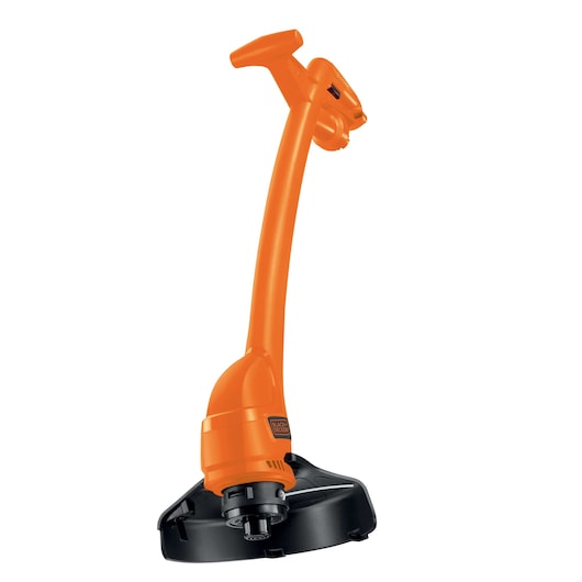 An orange and black electric grass trimmer with a curved handle, shown against a white background.