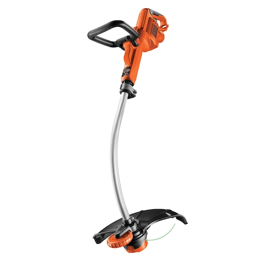 A BLACK+DECKER electric grass trimmer with an orange and black body, curved shaft, and ergonomic handle.
