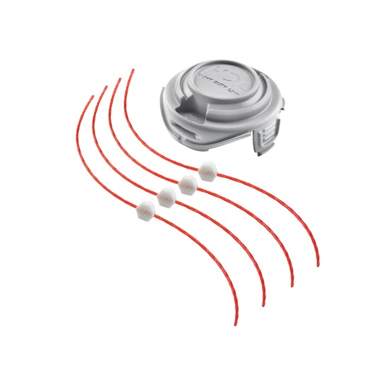 A set of replacement parts for a BLACK+DECKER garden trimmer, including a grey spool head and four pieces of red trimmer line with white connectors, displayed on a white background.