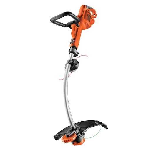 A BLACK+DECKER electric grass trimmer with an orange and black design and a curved shaft, shown on a white background.