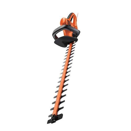 An electric hedge trimmer with an orange and black design, featuring a long dual-action blade and ergonomic handle, photographed against a white background.