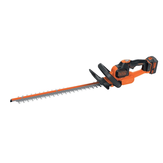 A BLACK+DECKER cordless hedge trimmer with an orange and black design, featuring a long cutting blade and a rechargeable battery attached at the handle.