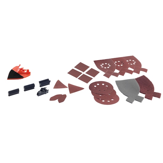 A set of multi-shaped sanding and polishing accessories, including sanding pads, circular discs, triangular pads, cylindrical rollers, and attachment parts, arranged on a white surface.