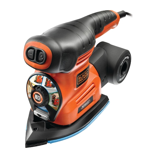 A BLACK+DECKER KA280 multi-function electric sander, featuring an orange and black design, with an ergonomic handle, a dust collection attachment, and a pointed sanding pad.