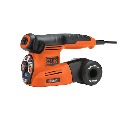 An orange and black BLACK+DECKER KA280 electric sander with a cyclonic action dust collection system and ergonomic handle, shown isolated on a white background.