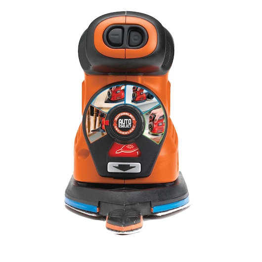 Front view of a BLACK+DECKER KA280 multi-function electric sander featuring Auto Select technology, orange and black color, with control buttons and attachments visible.