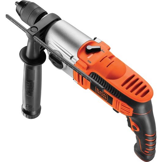A BLACK+DECKER electric drill with an orange and black design, featuring a side handle and depth gauge, shown against a plain white background.