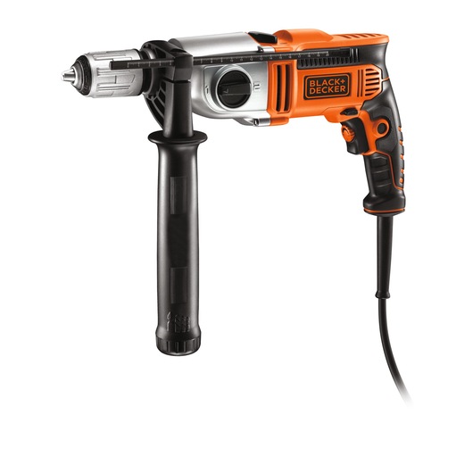 BLACK+DECKER corded electric drill with an orange and black handle, side grip, and depth gauge.