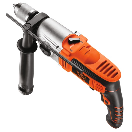 BLACK+DECKER power drill, model KR911K, with an ergonomic black and orange handle, side auxiliary handle, depth gauge, and metallic chuck, shown on a white background.