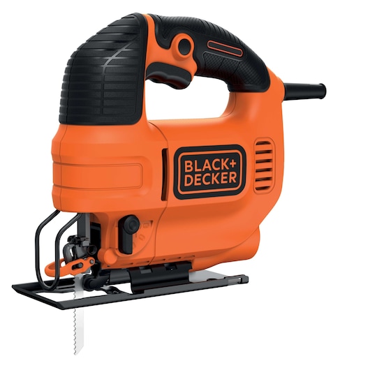 An orange and black BLACK+DECKER electric jigsaw is shown on a white background. The tool features an ergonomic handle and visible blade, designed for cutting various materials.