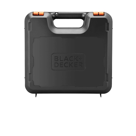 Black plastic carrying case with a handle and orange latches, branded with the BLACK+DECKER logo on the front.