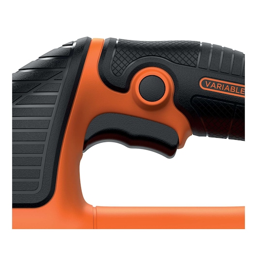 Close-up of the handle and trigger of a BLACK+DECKER power tool with textured black and orange grip, showing the word 'VARIABLE' partially.