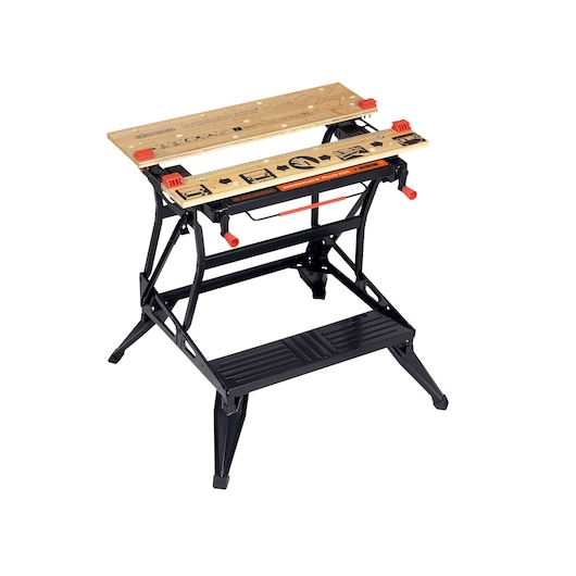 A BLACK+DECKER portable workbench with a foldable metal frame and a dual wooden work surface, featuring printed measurement markings and adjustable clamps for securing materials.